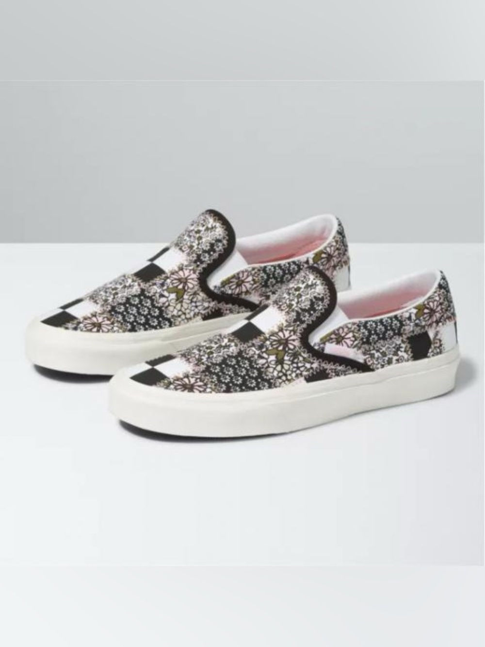 Vans Slip-On Patchwork Floral Checkerboard Sneakers - Black & Pink